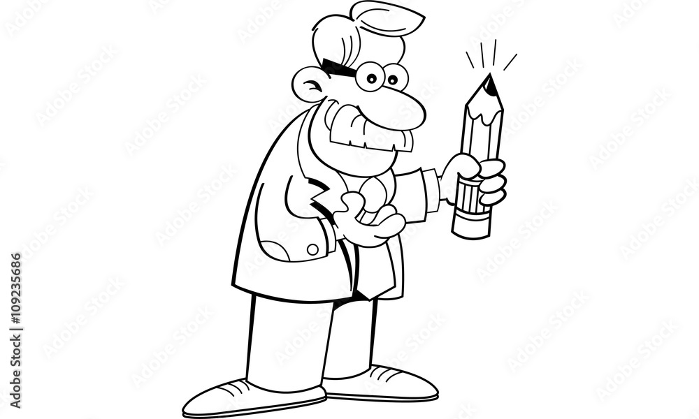 Black and white illustration of a man holding a pencil.