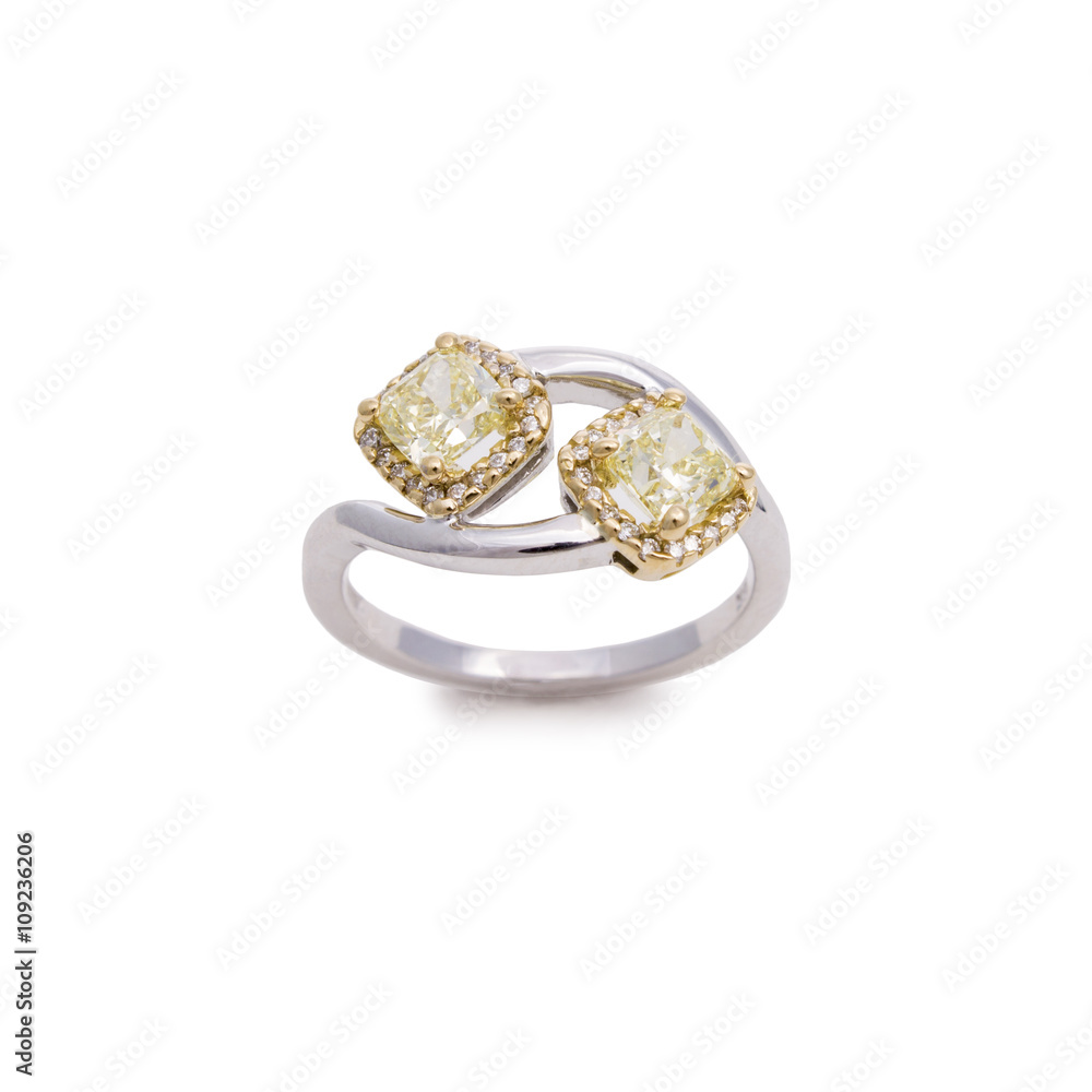 Stunning Two-Tone, Yellow Cushion Cut Diamond Ring with White Diamond Halos Stunning Two-Tone, Yellow Cushion Cut Diamond Ring with White Diamond Halos