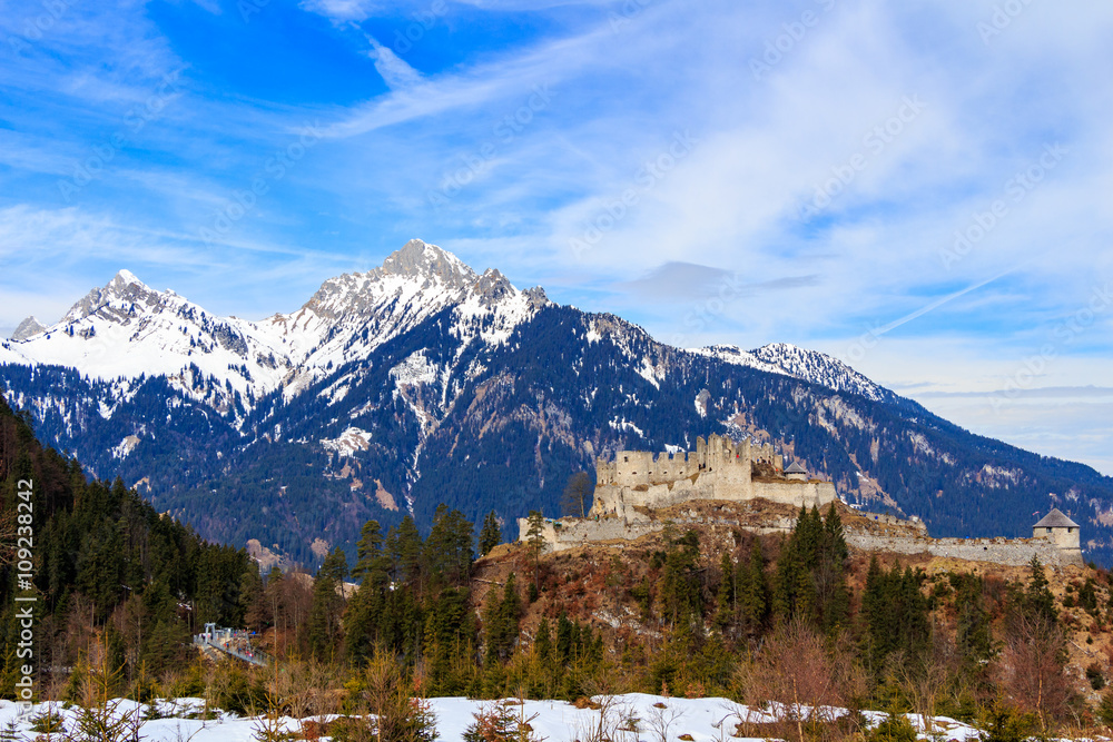 Landscape view of Alps with Highline 179 bridge and Ehrenberg Ruins. Reutte, Tyrol, Austria.