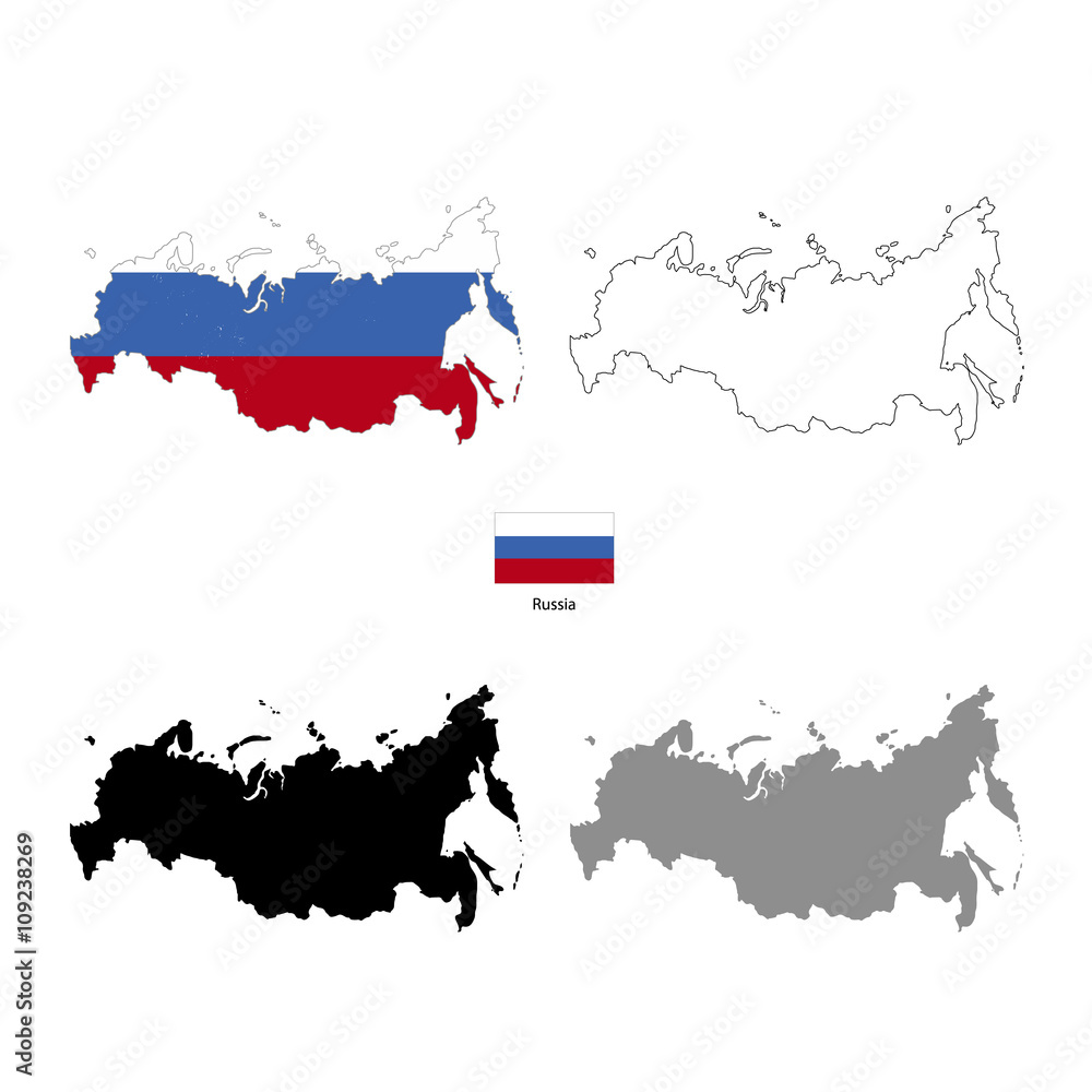 Russia country black silhouette and with flag on background