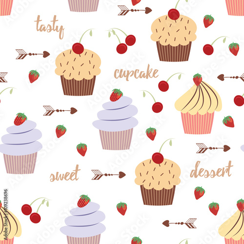 Sweet dessert background with cupcakes. Bakery pattern.