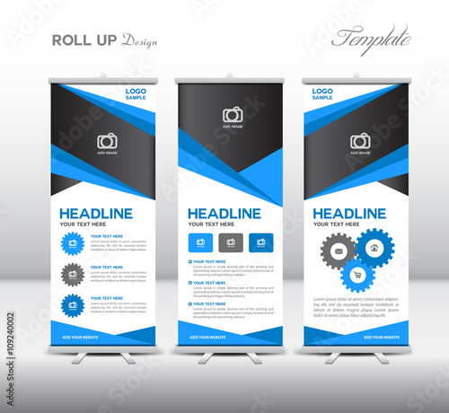 Blue Roll Up Banner template and info graphics, stand design, bannner template, x banner, j flag, pull up, advertisement, display, exhibition