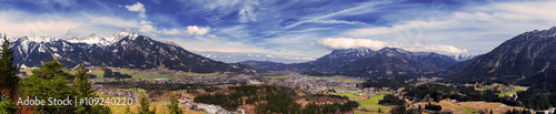 Panoramic view of Reutte city with Alps and clouds, high resolution image. Alps, Tyrol, Austria.