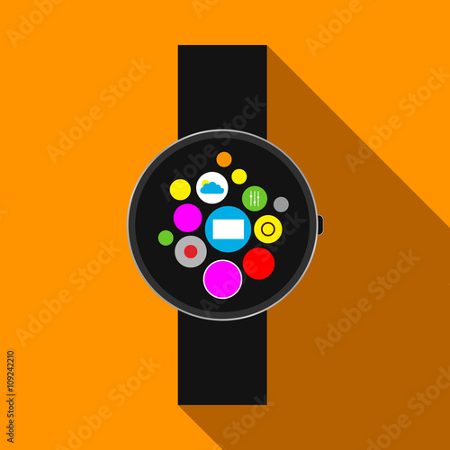 Modern black and white icons SmartWatch application on flat orange background. Smart Clock technology vector illustrations.