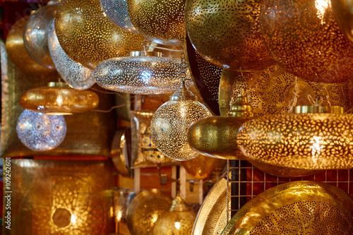 Shaining moroccan metal lamps in the shop in medina of Marrakech, Morocco
