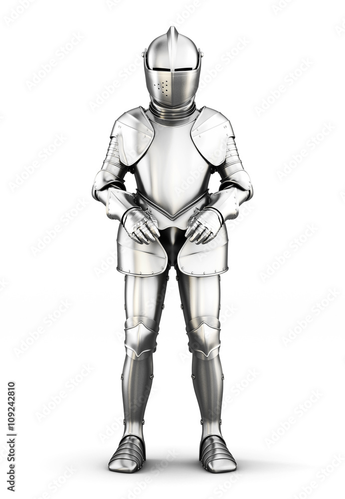 Armor front view isolated on white background. Metal armor. Medieval armor. 3d rendering