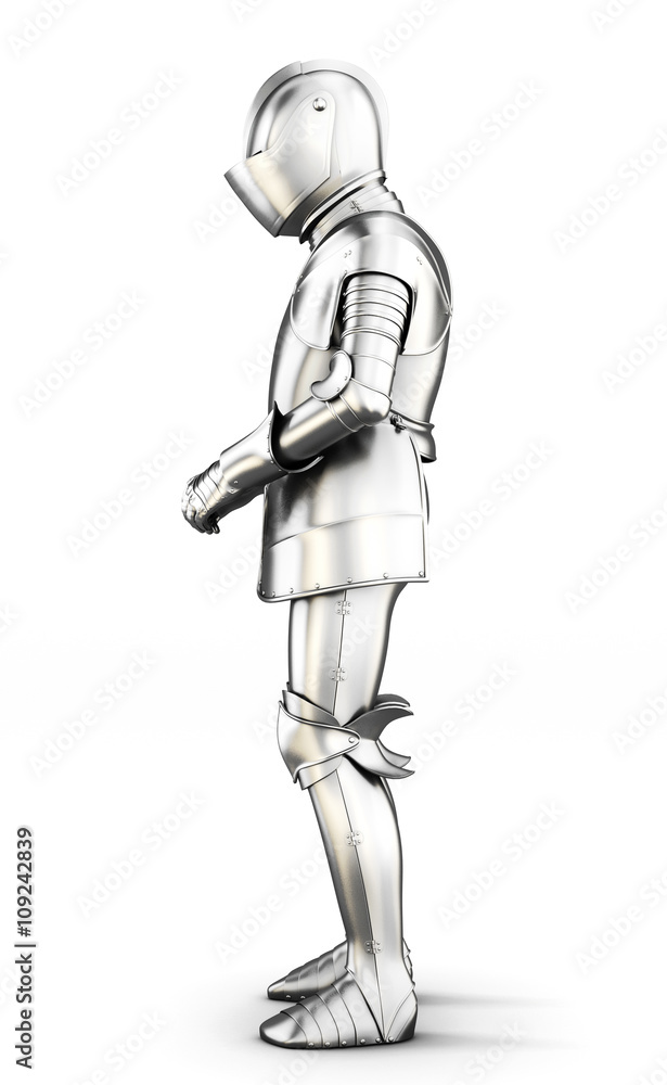 Armor side view isolated on white background. Metal armor. Medieval armor. 3d rendering
