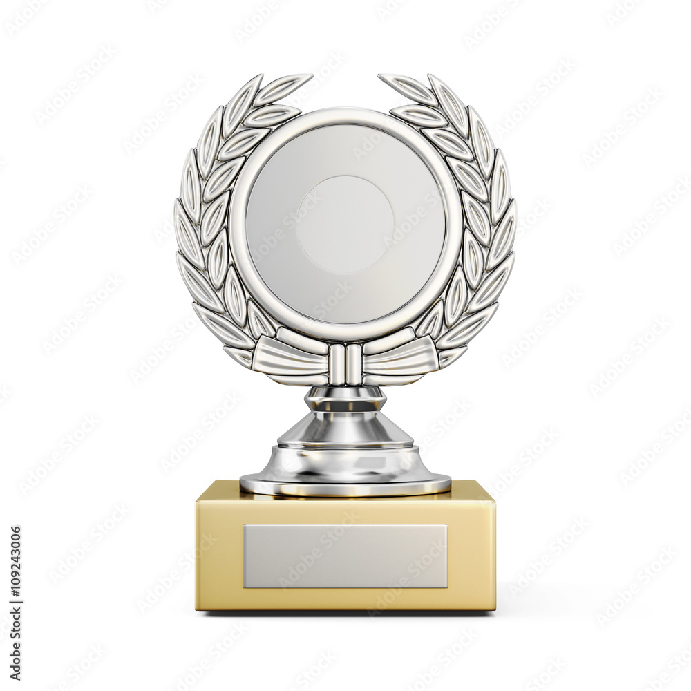 Silver award with a Laurel wreath isolated on white background. Front view. 3d rendering Silver award with a Laurel wreath isolated on white background. Front view. 3d rendering