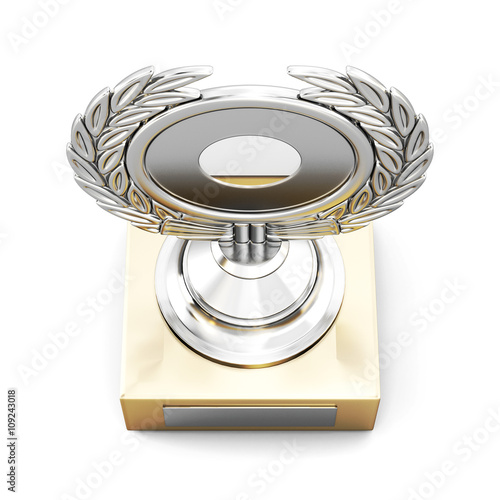 Silver trophy award with laurel wreath isolated on white background. Top view. 3d render image.