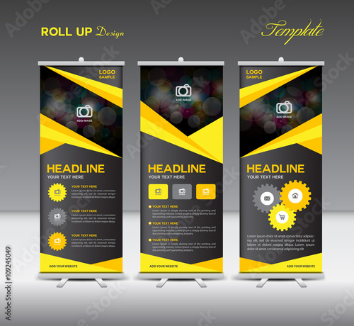 Yellow and black Roll Up Banner template and info graphics, stan