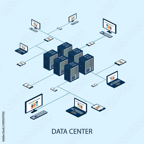 Data isometric set with data center and network elements vector 