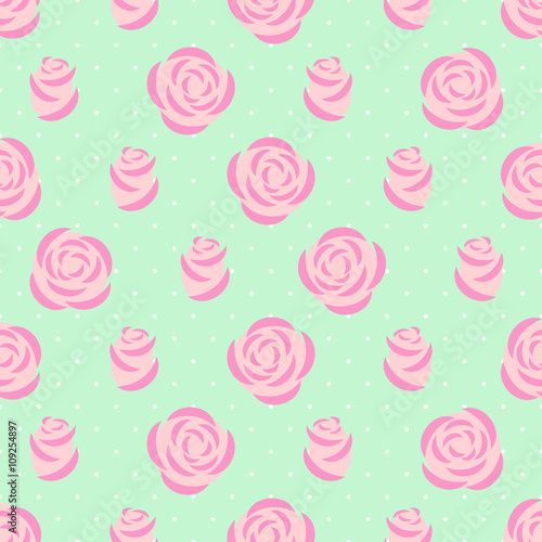 Seamless pink roses pattern on mint green background. Floral seamless pattern. Design for fabric and decor. Vector decorative illustration.