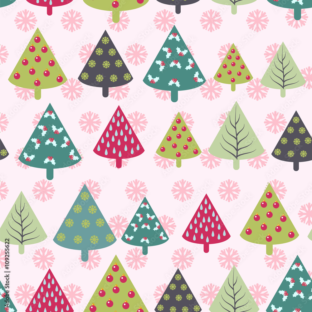 seamless Christmas pattern - Xmas trees and snowflakes