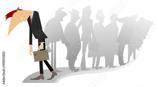 Sad man with a bag is passing by the turn of the people