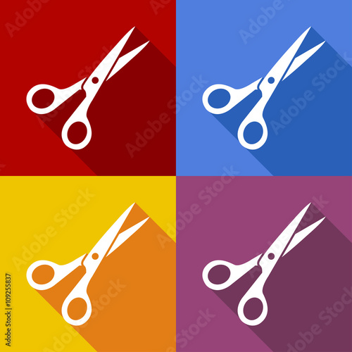 Icono plano tijeras con sombra en varios colores