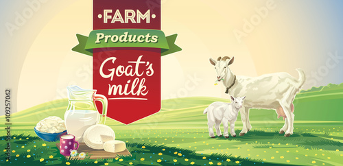 Country landscape with goat and kid and set dairy product. Vector illustration.