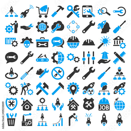 Service Tools and Space Rockets vector icon set. Collection style is bicolor blue and gray flat symbols on a white background.