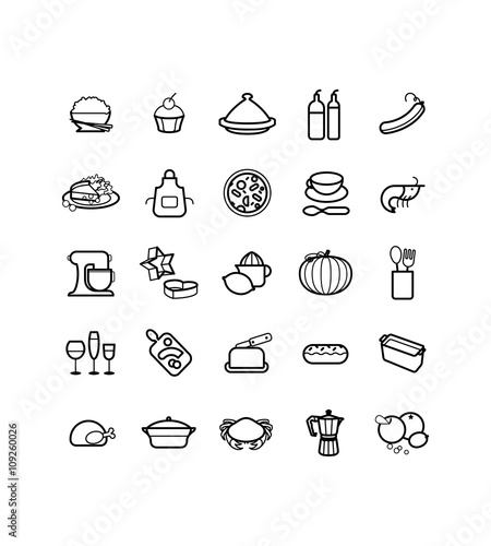 Cuisine, Cuisiner, Ustensiles, Nourriture, Manger, Restaurant, Pictos, Vectoriel, Pictogrammes, Restauration, Dessin