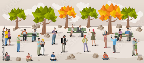 Business people in a park with smart phones and computers