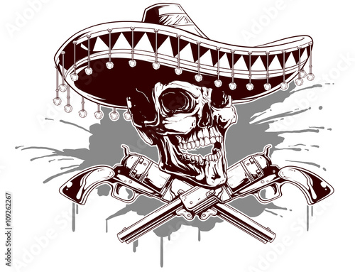 Skull with sombrero and two revolvers
