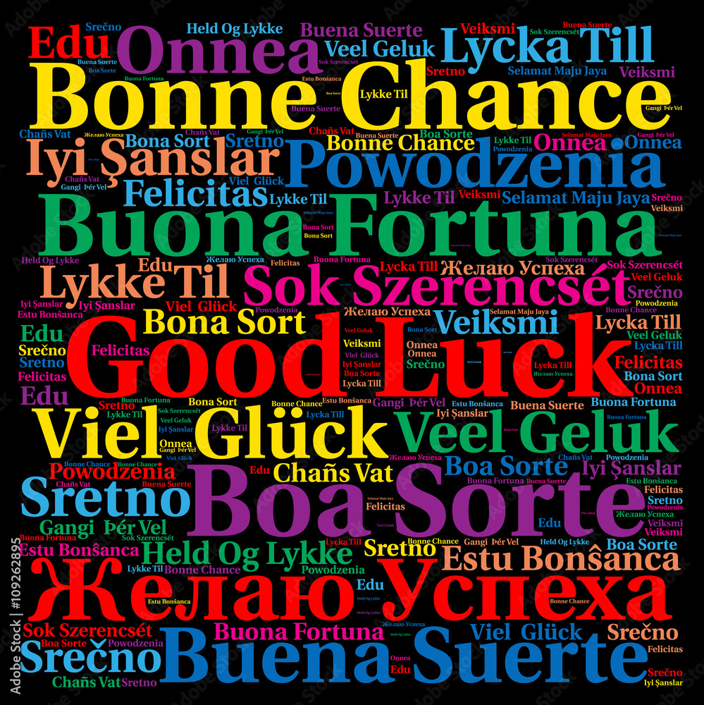 Good luck in different languages word cloud 