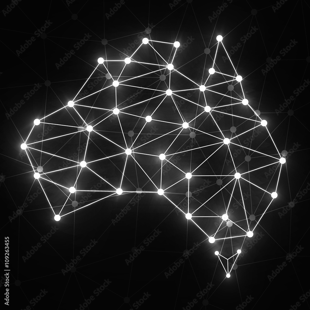 Abstract polygonal Australia map with glowing dots and lines, network connections, vector illustration, eps 10
