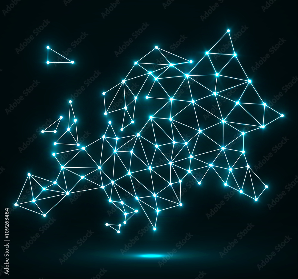 Polygonal map of Europe with dots and lines, network connections, vector illustration Polygonal map of Europe with dots and lines, network connections, vector illustration