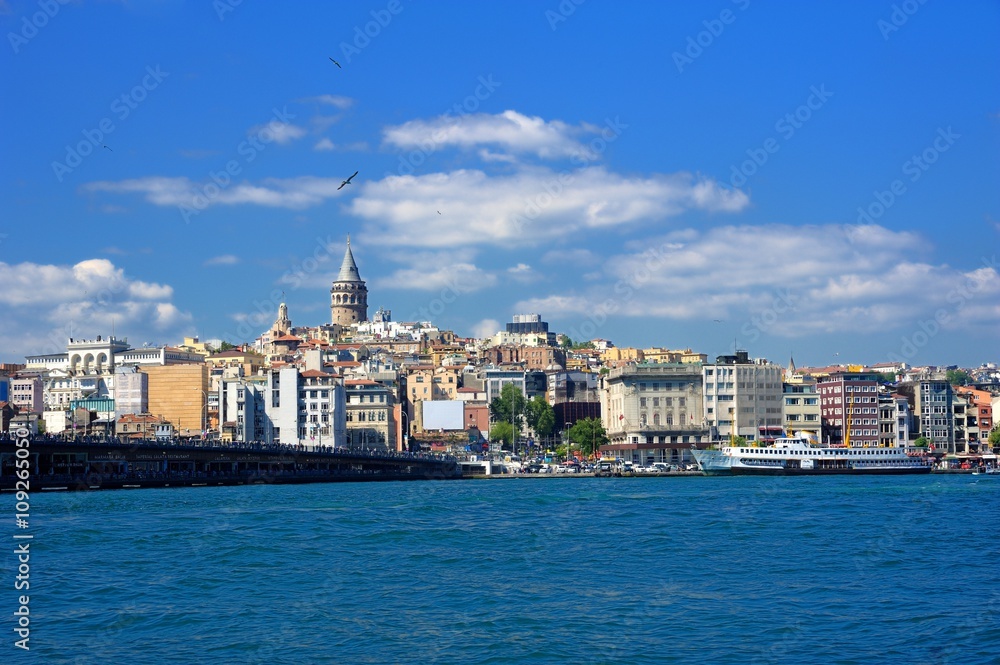 Classic Istanbul ferryboat and galata bridge and galata tower -Karakoy