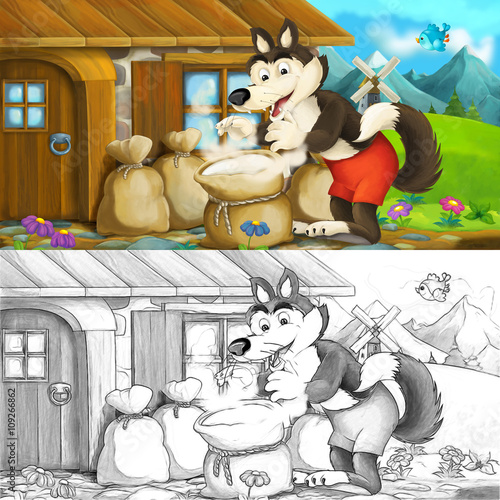 Fototapeta Cartoon scene for different fairy tales - big wolf near the wooden house - with coloring page - illustration for the children