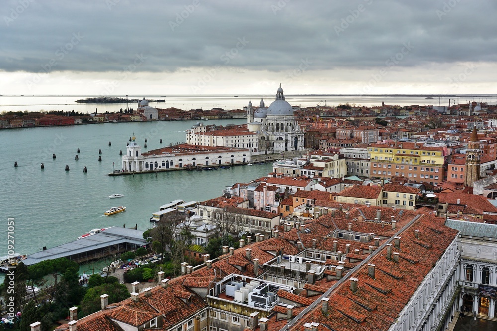 Panoramic view of Venice from the Campanile on a cloudy day