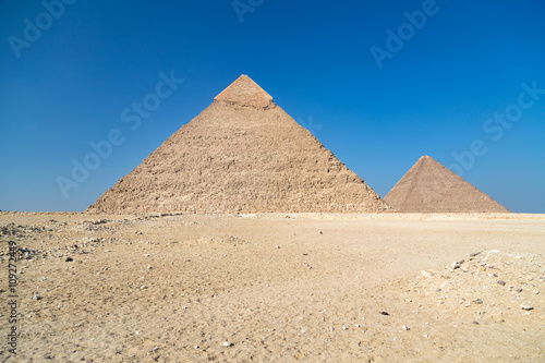 Pyramids of Giza complex   Egypt  against the clear blue sky.