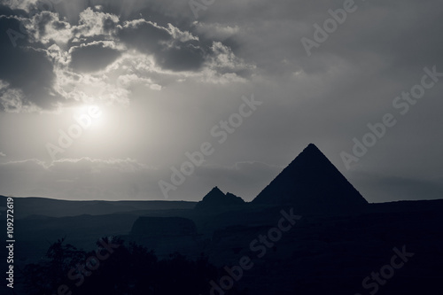 The Great Pyramid of Giza at sunset. Post processed with black and white filter.