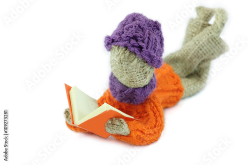 Boy reading a red book crafts burlap
