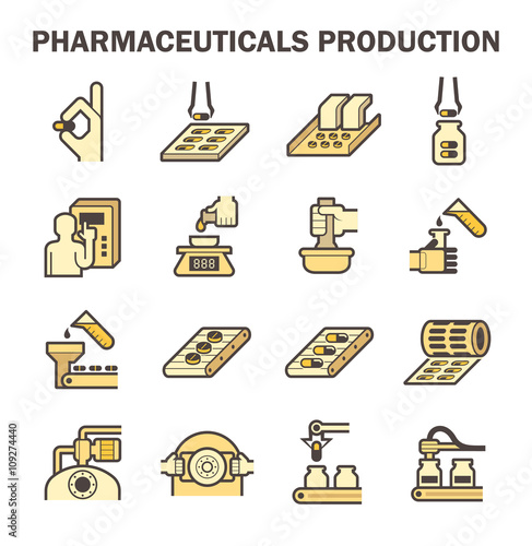Pharmaceutical and supplement manufacture industry vector icon. Include capsule pill tablet drug or medicine, filling bottle package, operator, computer,  robot, automated machine and production line.