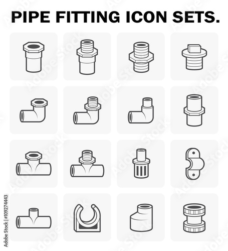 PVC or plastic pipe fitting vector icon. Include straight, nipple, reducer, elbow, tee, valve. For connection many size of tube pipe in pipeline for plumbing, drainage system, sewage and water supply.