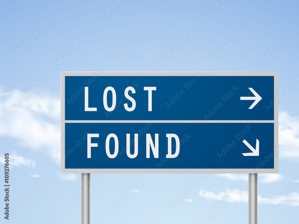3d illustration road sign with lost and found