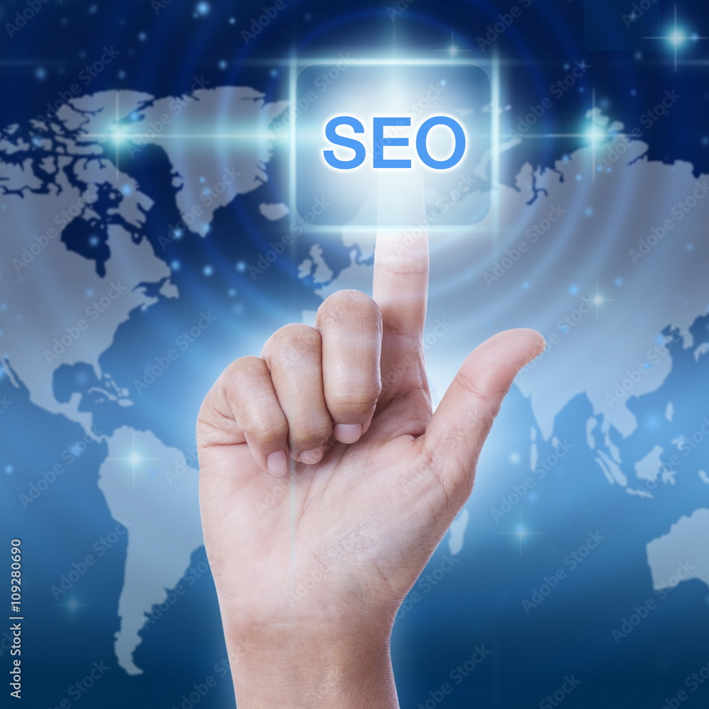 hand pressing SEO sign on virtual screen. business concept hand pressing SEO sign on virtual screen. business concept