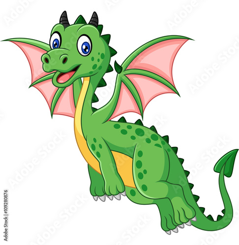 Cartoon funny green dragon flying