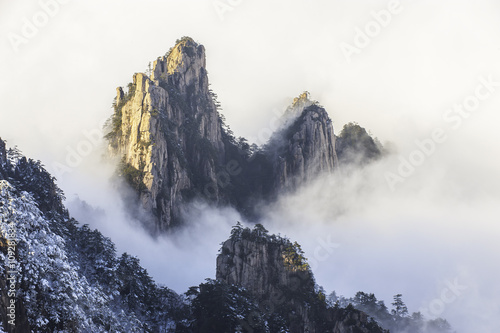 Beautiful view of Huanshan mountain in the mist. 