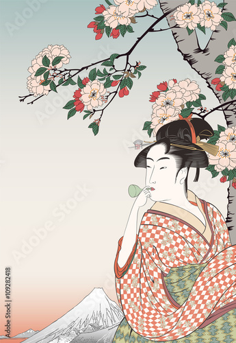 歌麿 ビードロを吹く娘と広重 隅田川水神の森真崎のイメージイラスト