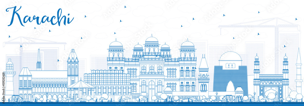 Outline Karachi Skyline with Blue Landmarks.