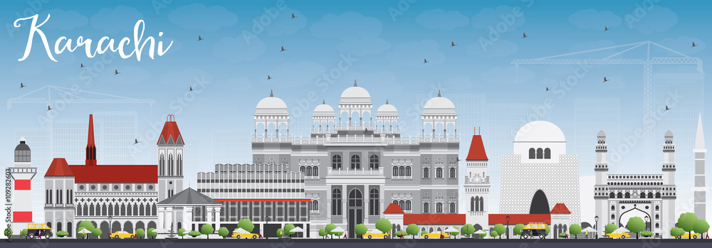 Obraz premium Karachi Skyline with Gray Landmarks and Blue Sky.