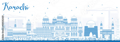Outline Karachi Skyline with Blue Landmarks.