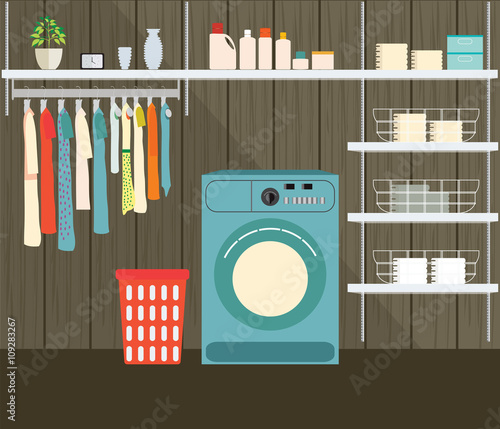 Laundry room with washing machine.