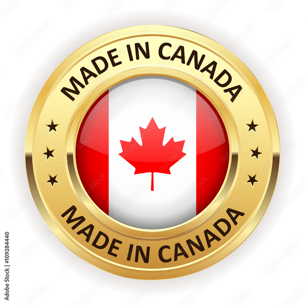 Made in canada button with gold border on white background