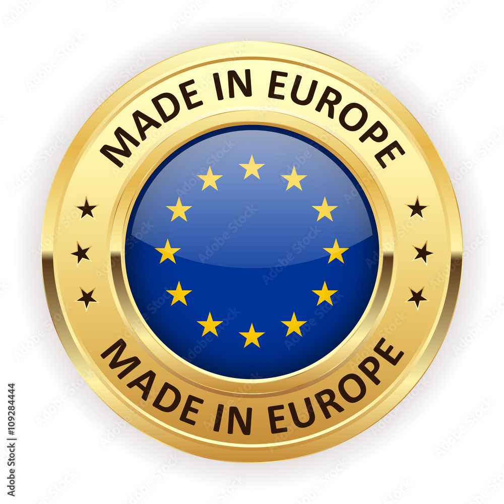 Made in europe button with gold border on white background Made in europe button with gold border on white background