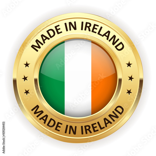 Made in ireland button with gold border on white background