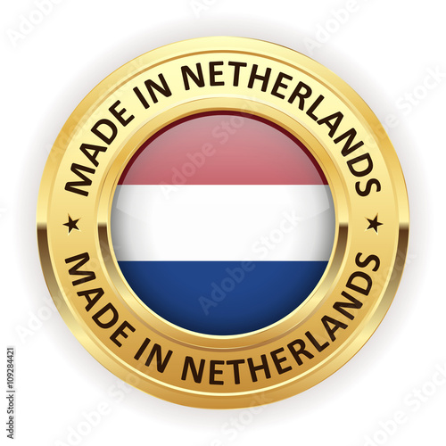 Made in netherlands button with gold border on white background
