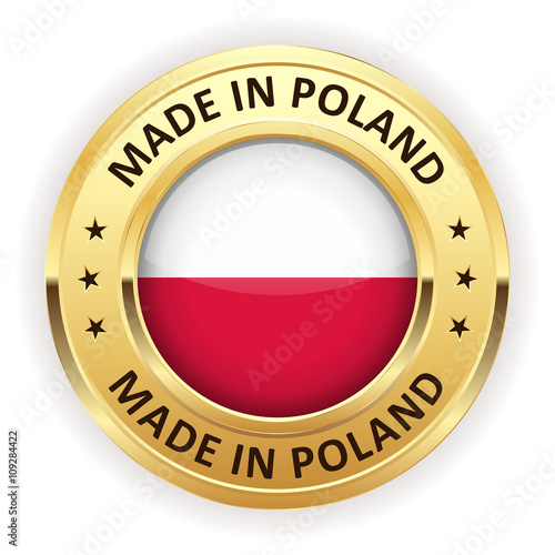 Made in poland button with gold border on white background
