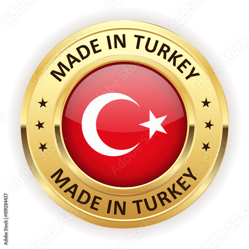 Made in turkey button with gold border on white background